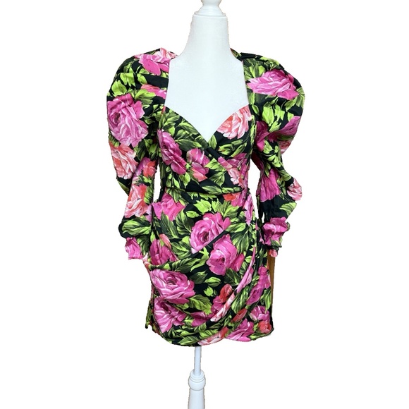 ASOS Floral Puff Sleeve Mini Dress Size 6 Black Pink Green Sweetheart Neck NWT - Picture 1 of 16